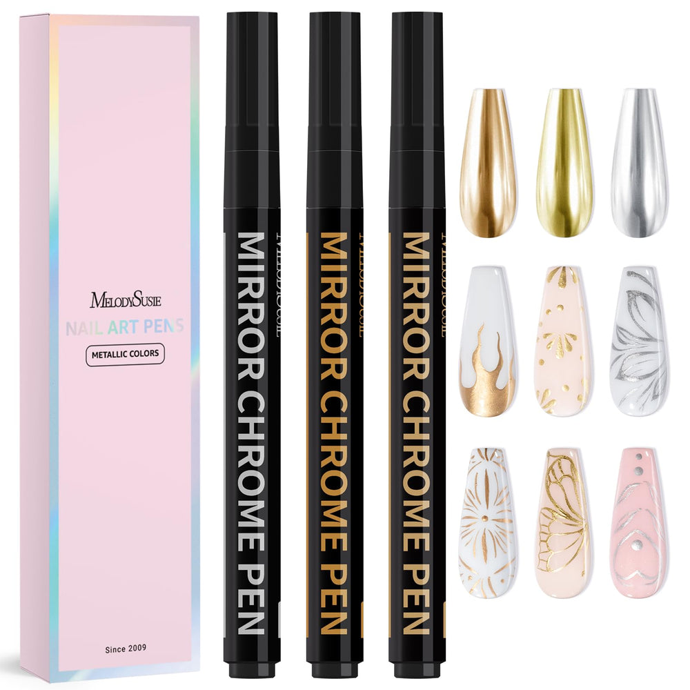 MelodySusie front packaging showing three chrome metallic nail pens and benefits