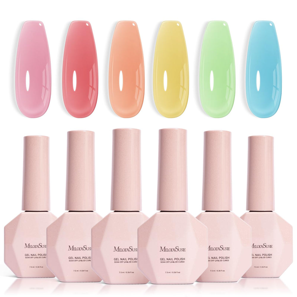 MelodySusie front packaging showing six jelly gel bottles and colors, clear presentation benefit