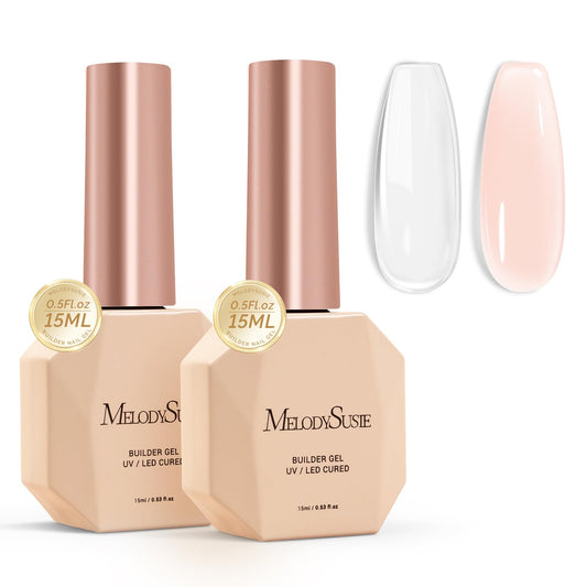 MelodySusie front packaging showing both builder gel bottles and benefits