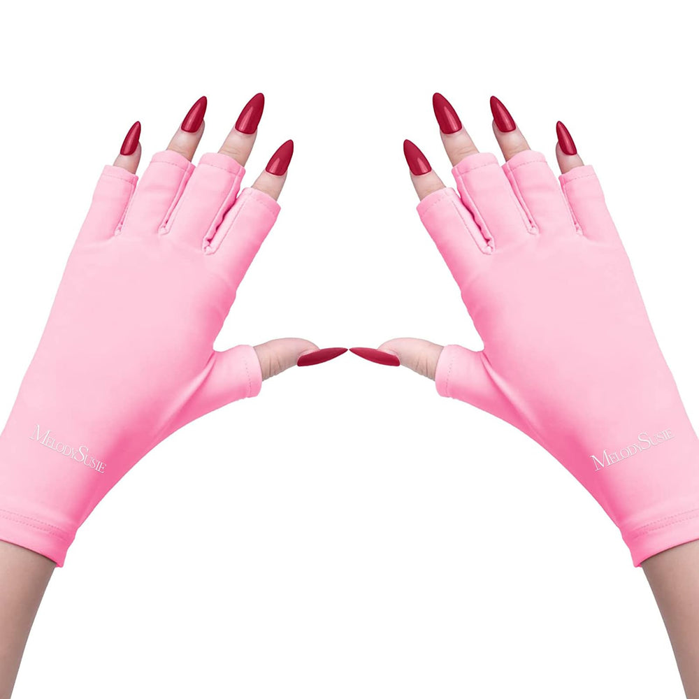MelodySusie front view of pink UPF50+ gloves showing full hand coverage and style benefit