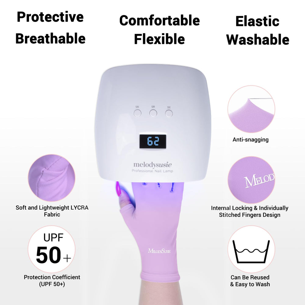 MelodySusie gloves in use under a gel lamp protecting hands during nail curing