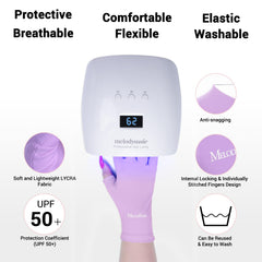 MelodySusie gloves in use under a gel lamp protecting hands during nail curing
