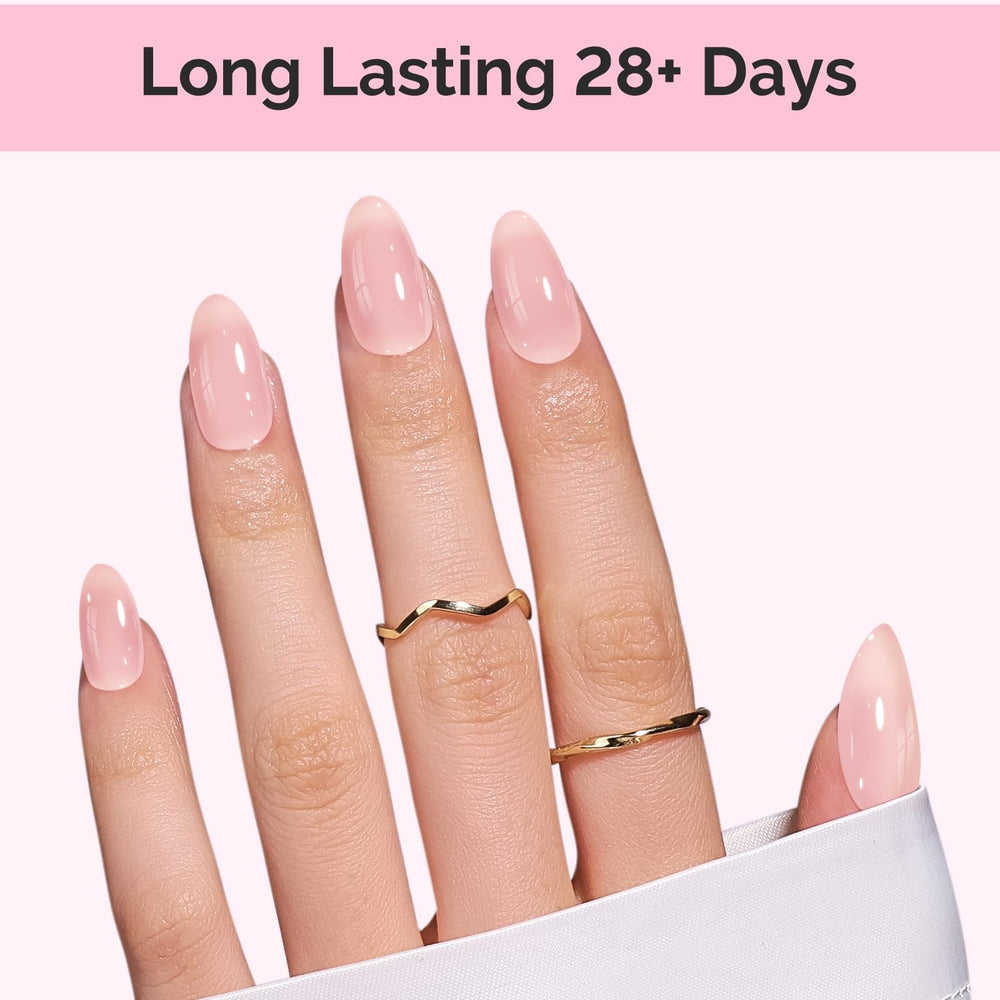 MelodySusie finished manicure in lifestyle setting showing wearable nude-pink