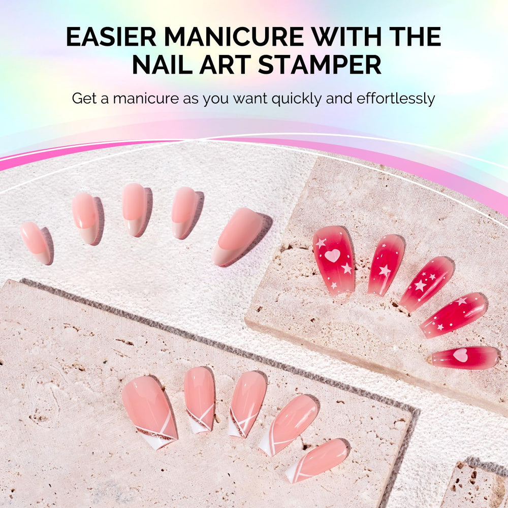 MelodySusie stamper in use transferring a French tip for faster manicures