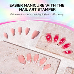 MelodySusie stamper in use transferring a French tip for faster manicures