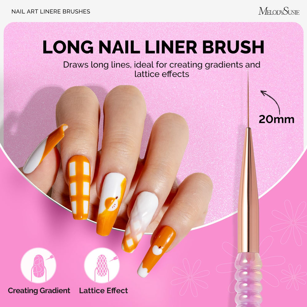 MelodySusie brush painting thin stripes on nail to demonstrate precision and smooth application