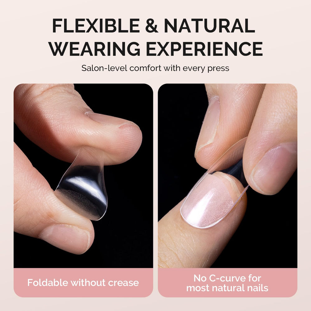 Hand applying MelodySusie press-on tip demonstrating simple DIY extension