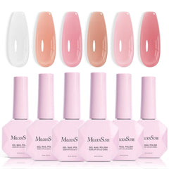 MelodySusie six-bottle set front view showing milky nude colors and neat packaging benefit display