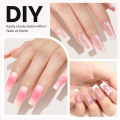 MelodySusie finished manicure on hands showcasing clear tips ready for polish