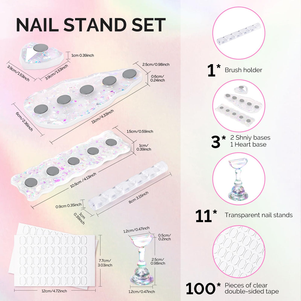 Completed press-on nails displayed on MelodySusie base in a creative studio setup