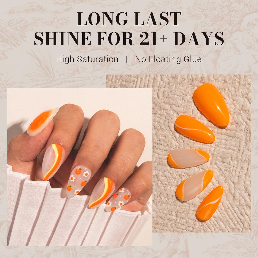 MelodySusie nail swatch set displaying neon orange finish and shine