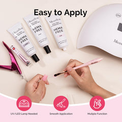 Label view of MelodySusie poly gel packaging highlighting HEMA-free formula and safety info
