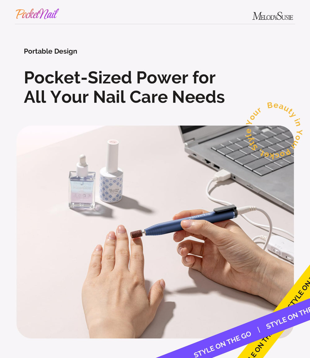 MelodySusie PocketNail on a vanity with nails-in-progress for convenient at-home salon results