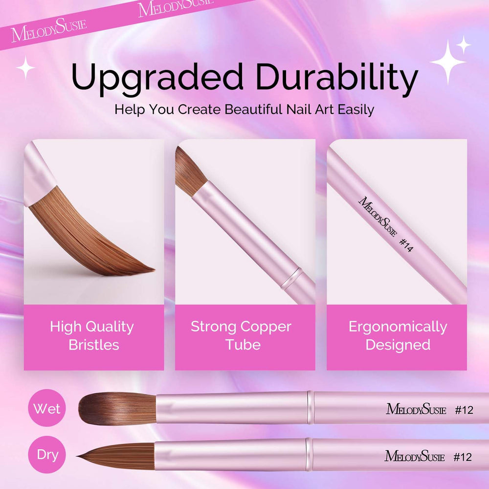 MelodySusie brushes next to a hand for scale, demonstrating ergonomic handle size and comfortable grip