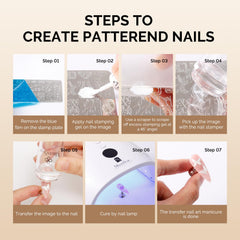 MelodySusie stamper transferring a French-tip pattern onto a fingernail for accurate placement benefit
