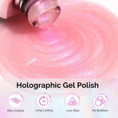 MelodySusie color swatch on nail tip showing holographic pink glitter depth and buildable coverage