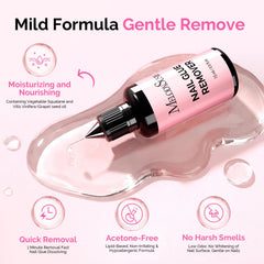 MelodySusie liquid texture drop demonstrating non-acetone formula and moisturizing feel