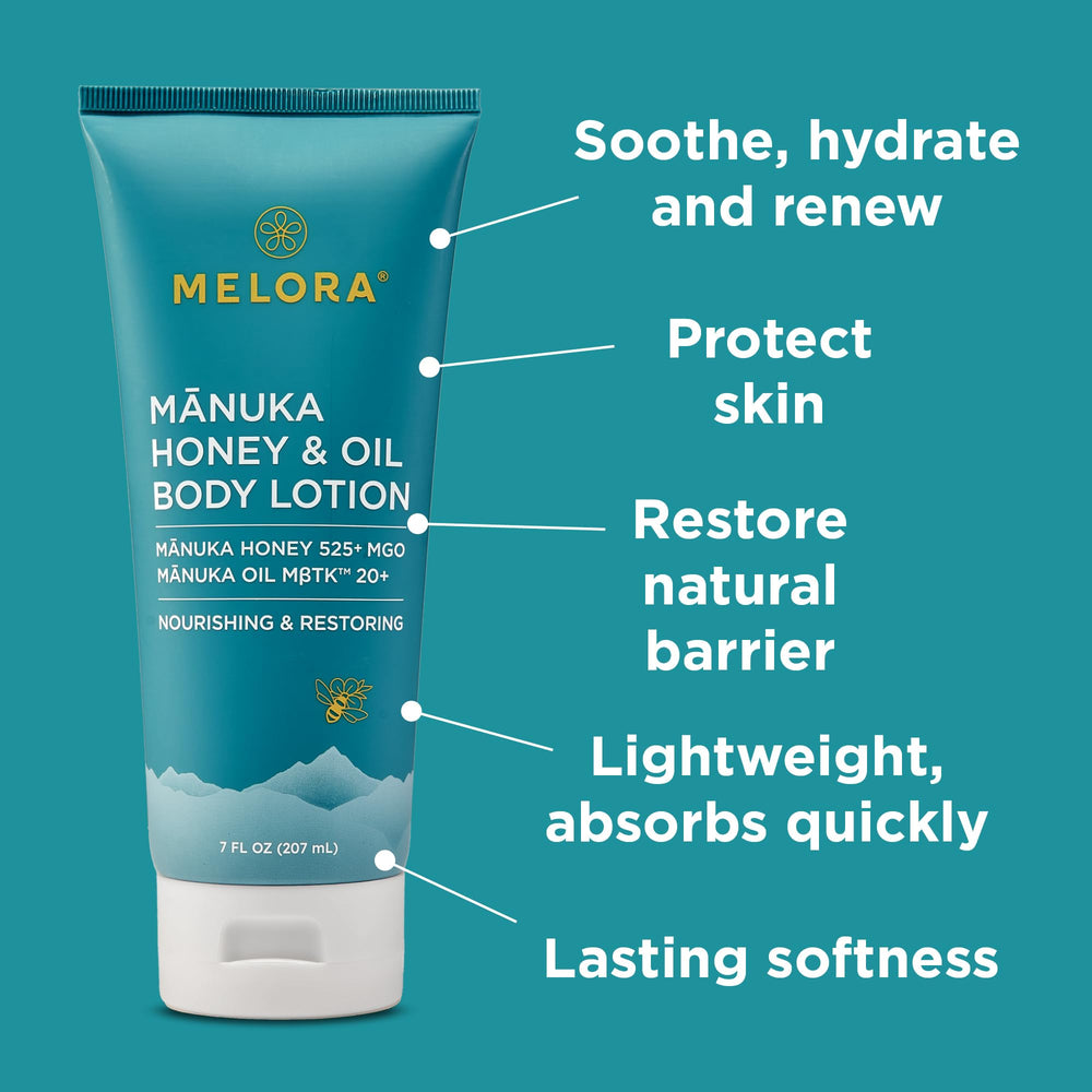 MELORA lotion being dispensed on hand highlighting easy application