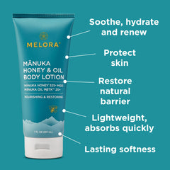 MELORA lotion being dispensed on hand highlighting easy application