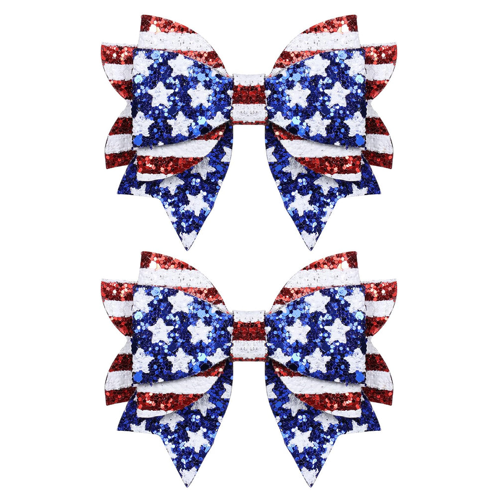 melyde front view of pair of sparkly bows showing patriotic colors and festive look
