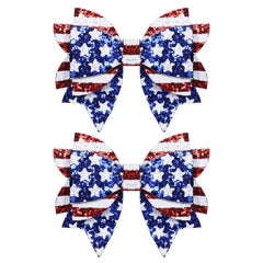 melyde front view of pair of sparkly bows showing patriotic colors and festive look