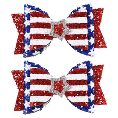 melyde front view of red white blue bow clips for festive styling
