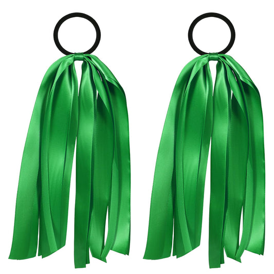melyde front view of green ribbon hair ties showing color and pair for styling