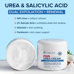 MEOLY label close-up showing active 40% urea and 2% salicylic acid