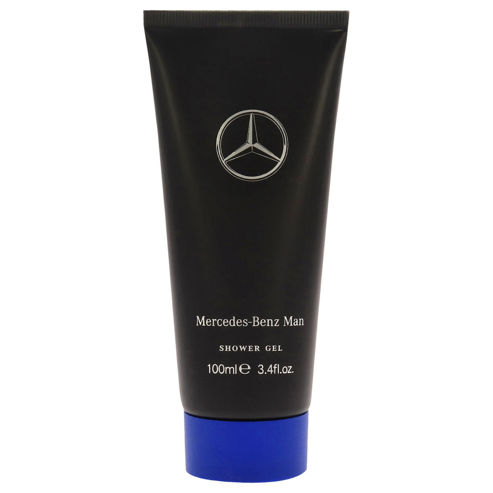 Mercedes‑Benz shower gel front packaging showing sleek bottle and travel size benefit