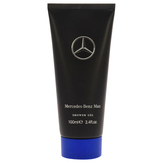 Mercedes‑Benz shower gel front packaging showing sleek bottle and travel size benefit