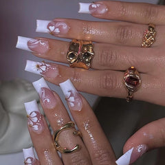 MERVF front view of 24-piece long square French tips showing glossy finish benefit