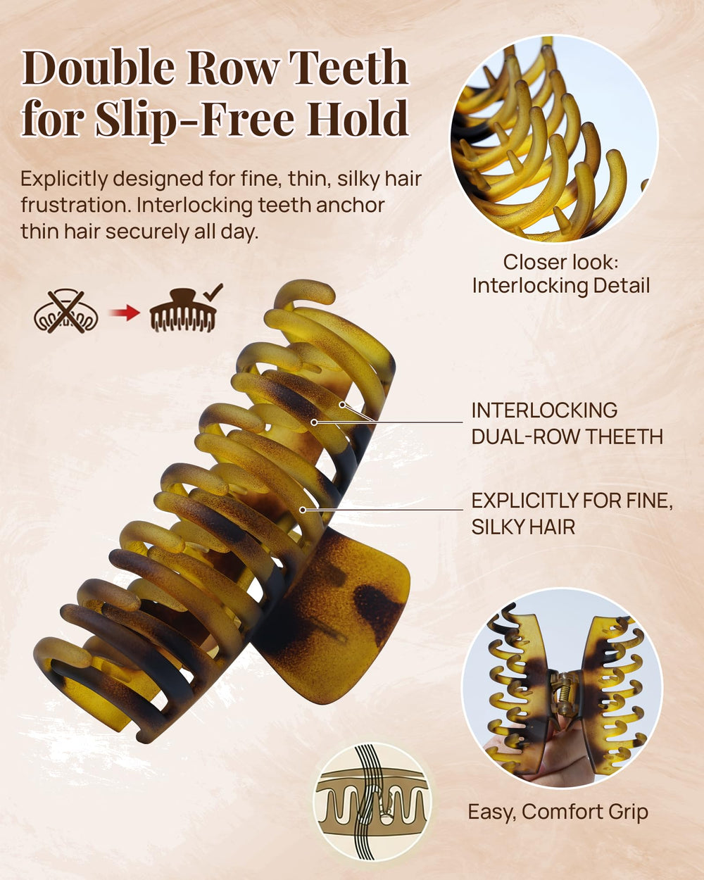 Mesovor close-up of double-row teeth highlighting slip-free grip for fine hair