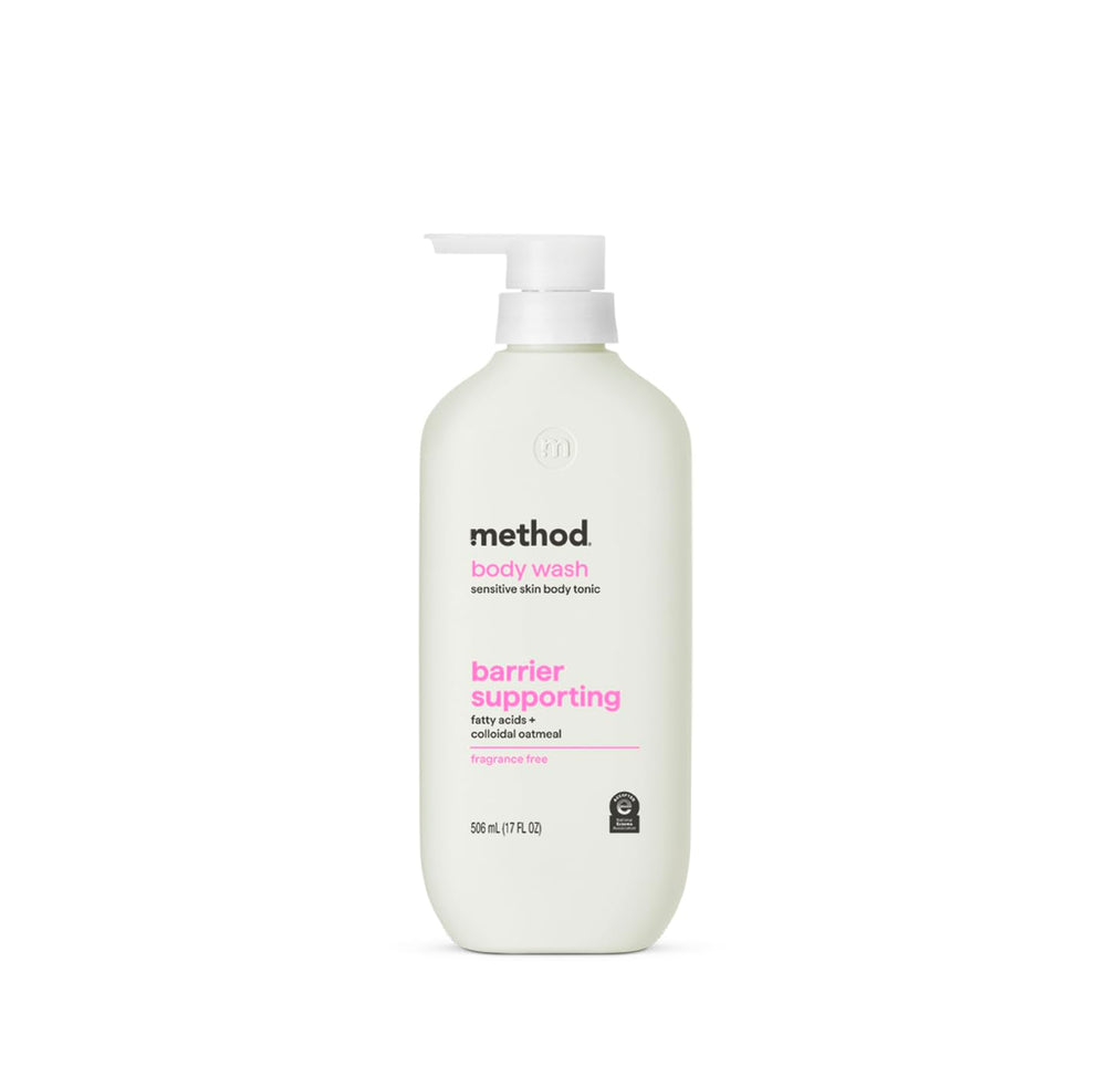 Method front label showing fragrance-free barrier body wash benefits