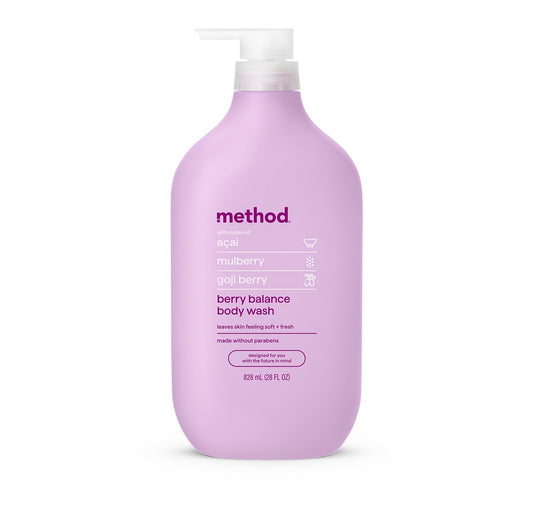 Method bottle front view showing berry fragrance and moisturizing benefit