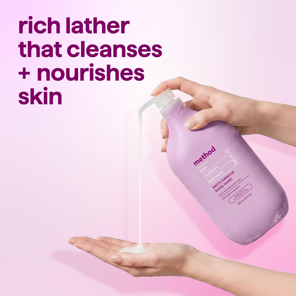 Method pouring onto loofah illustrating generous lather and thorough cleanse