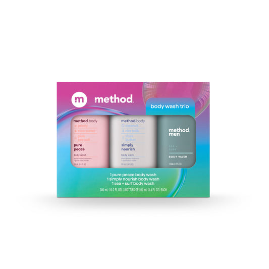 Method front packaging with three travel bottles showing convenience