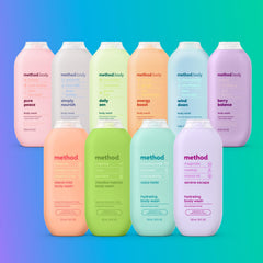 Method bottle next to hand for scale showing 18 fl oz size and travel-friendly benefit