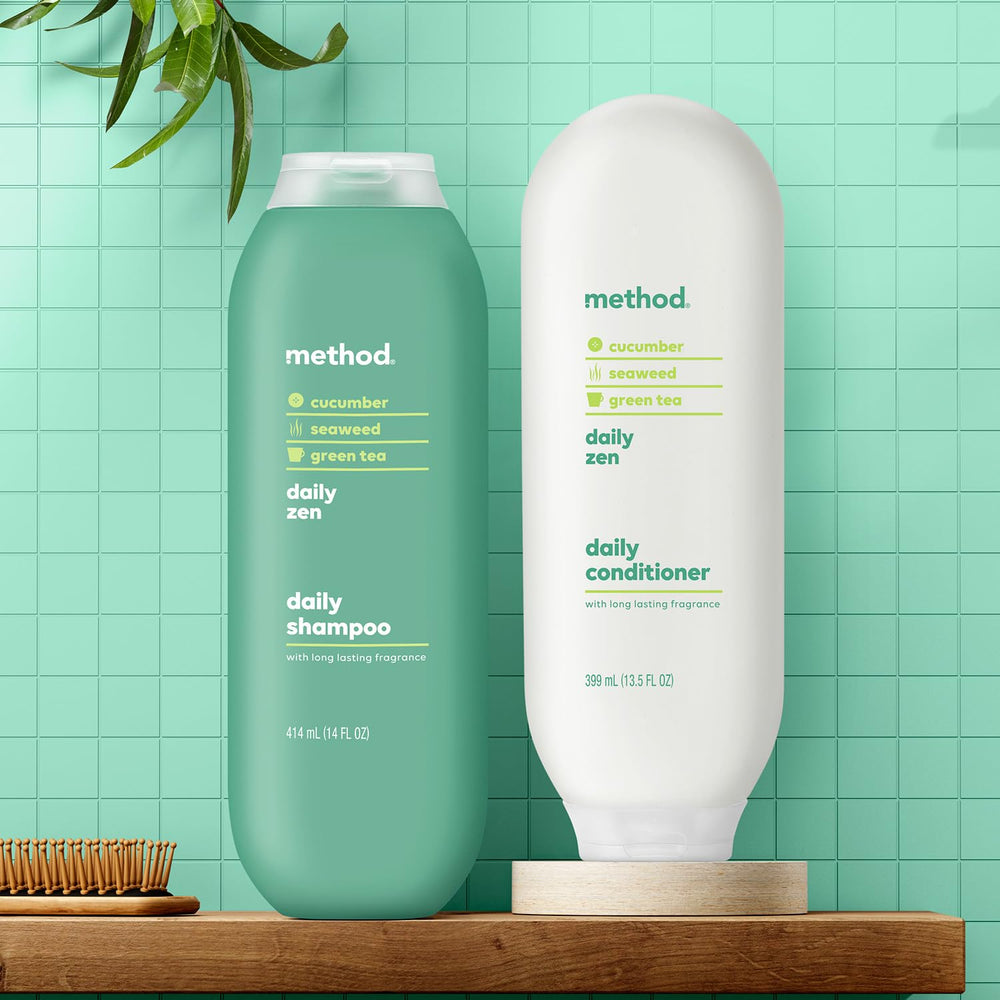 Method Daily Zen bottle in shower setting demonstrating in-use convenience and refreshing experience