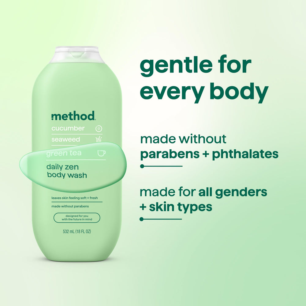 Method Daily Zen ingredients shot with cucumber and green tea to show natural notes
