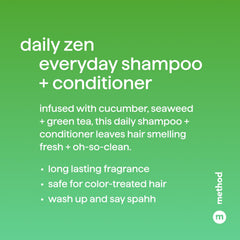 Method Daily Zen shampoo being poured into hand showing foaming texture and gentle lather
