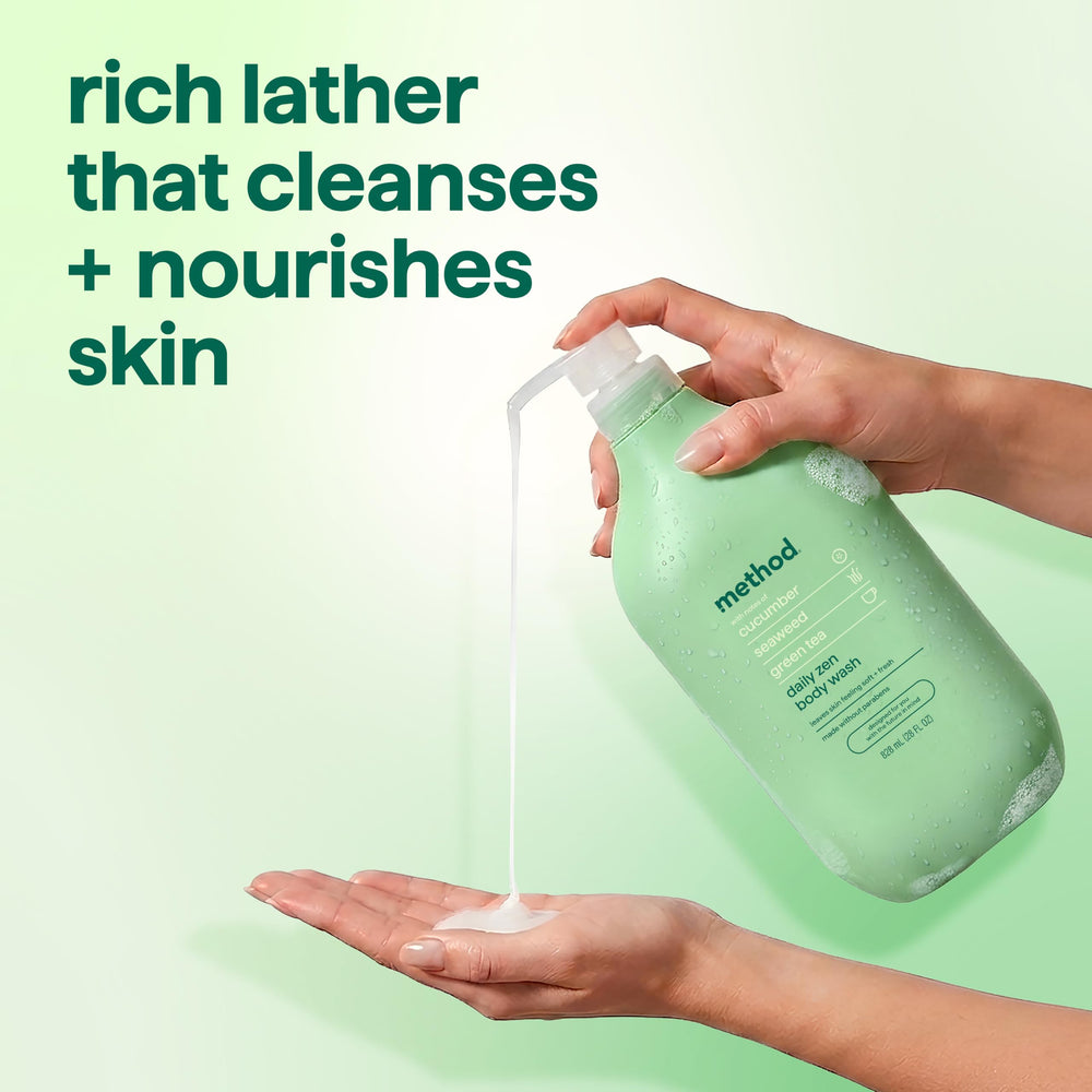 Method bottle next to common items to show 28 fl oz size and value per use