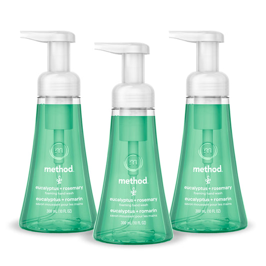 Method eucalyptus rosemary three-pack front view shows recycled bottles and clear labeling for sustainability benefit