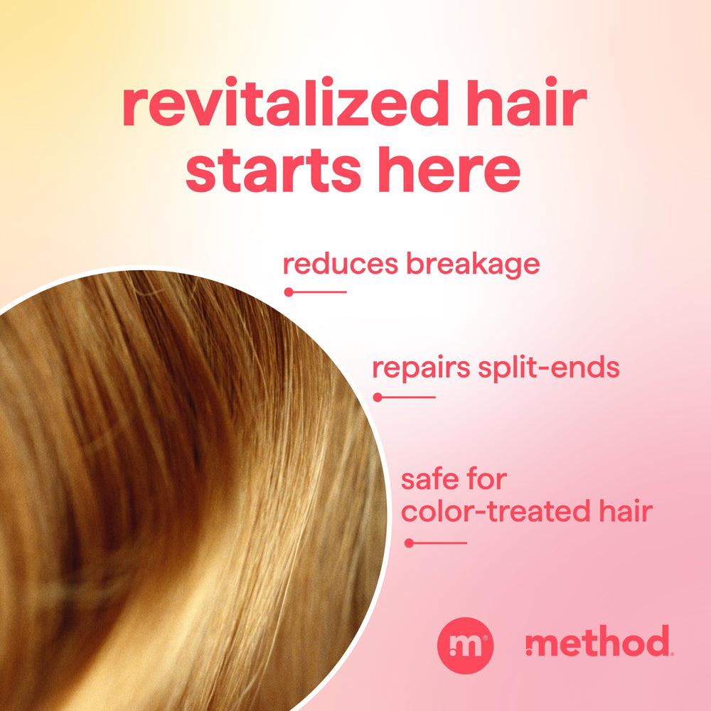 Before and after hair comparison using Method showing reduced frizz and healthier shine