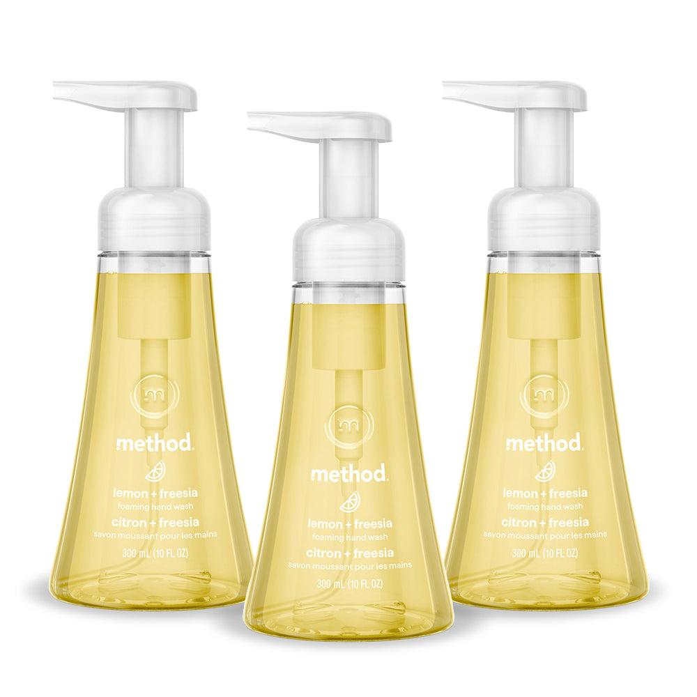 Method lemon + freesia front packaging showing three bottles, clear label and scent benefit