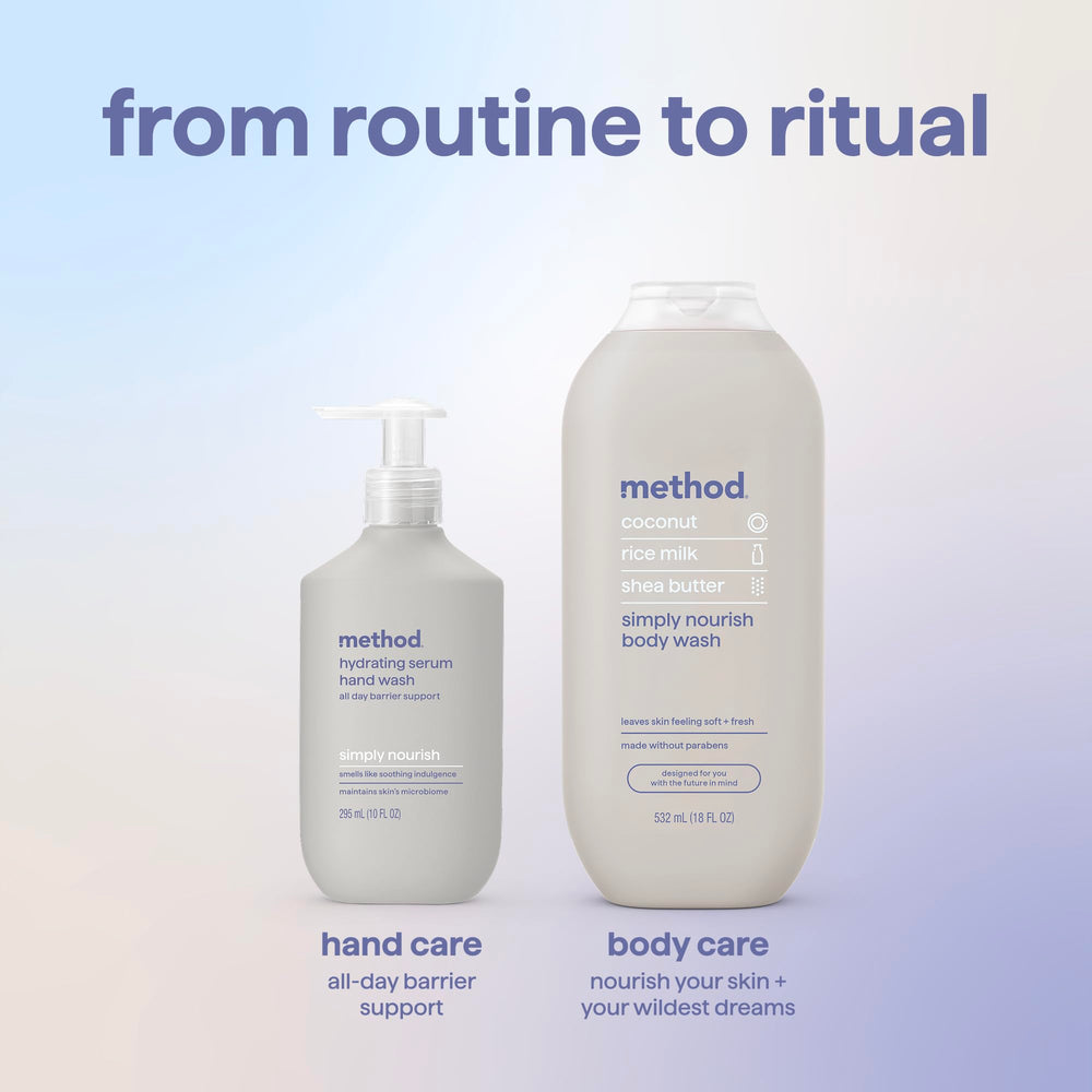Method bottle on bathroom counter in lifestyle scene showing daily use benefit