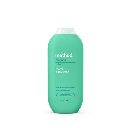 Method bottle front view showing Marine + Mist and easy-pour design benefit