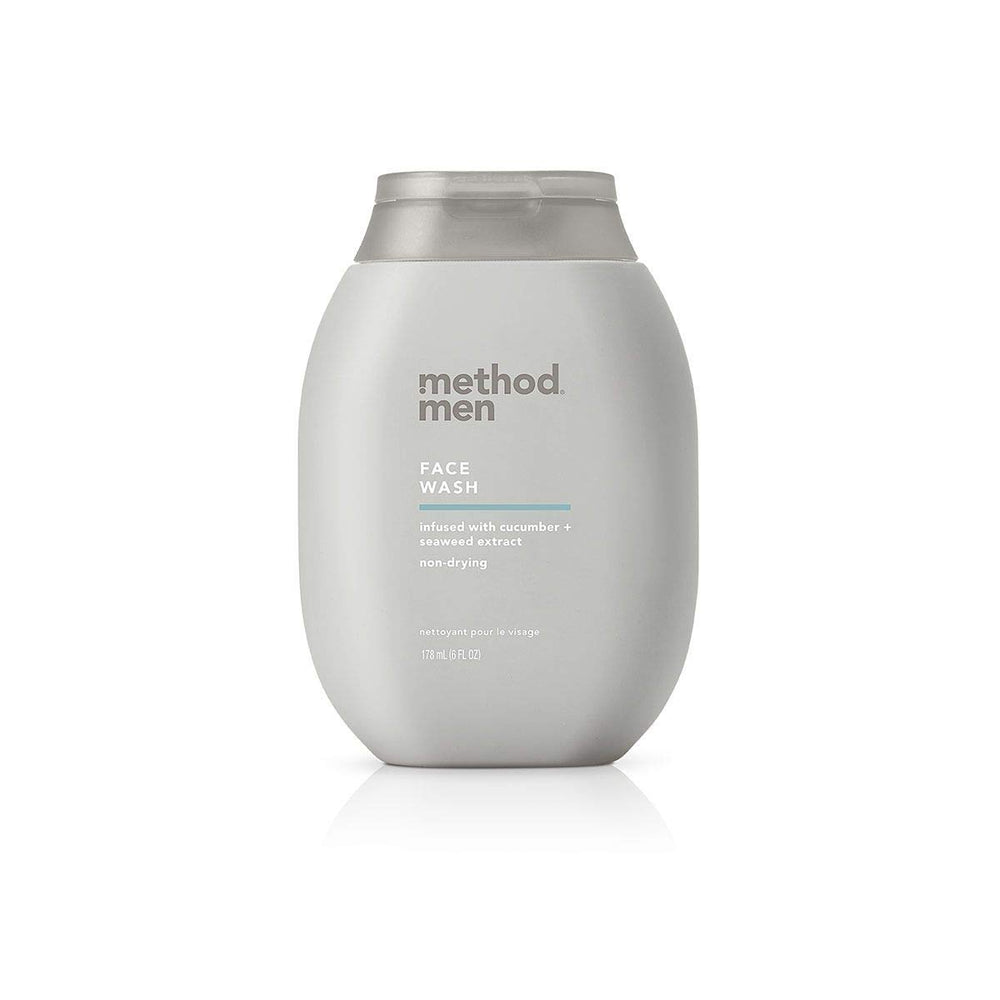 Method men face wash front packaging showing clean 6 ounce bottle and branding benefit