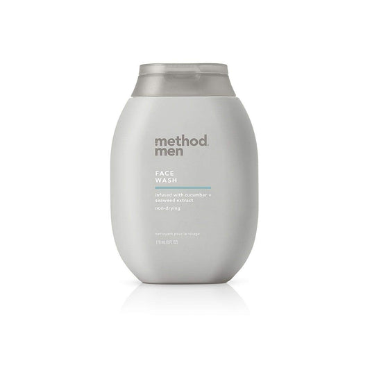 Method men face wash front packaging showing clean 6 ounce bottle and branding benefit