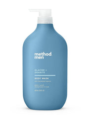Method bottle front packaging showing Glacier and Granite scent, clear product branding and benefit