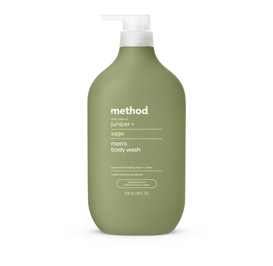 Method juniper and sage front bottle showing label and 28 oz size benefit